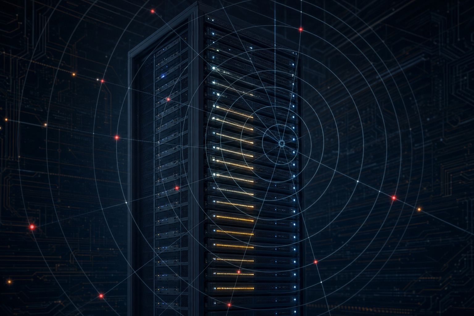 Concentric time-distribution rings radiating from a server rack