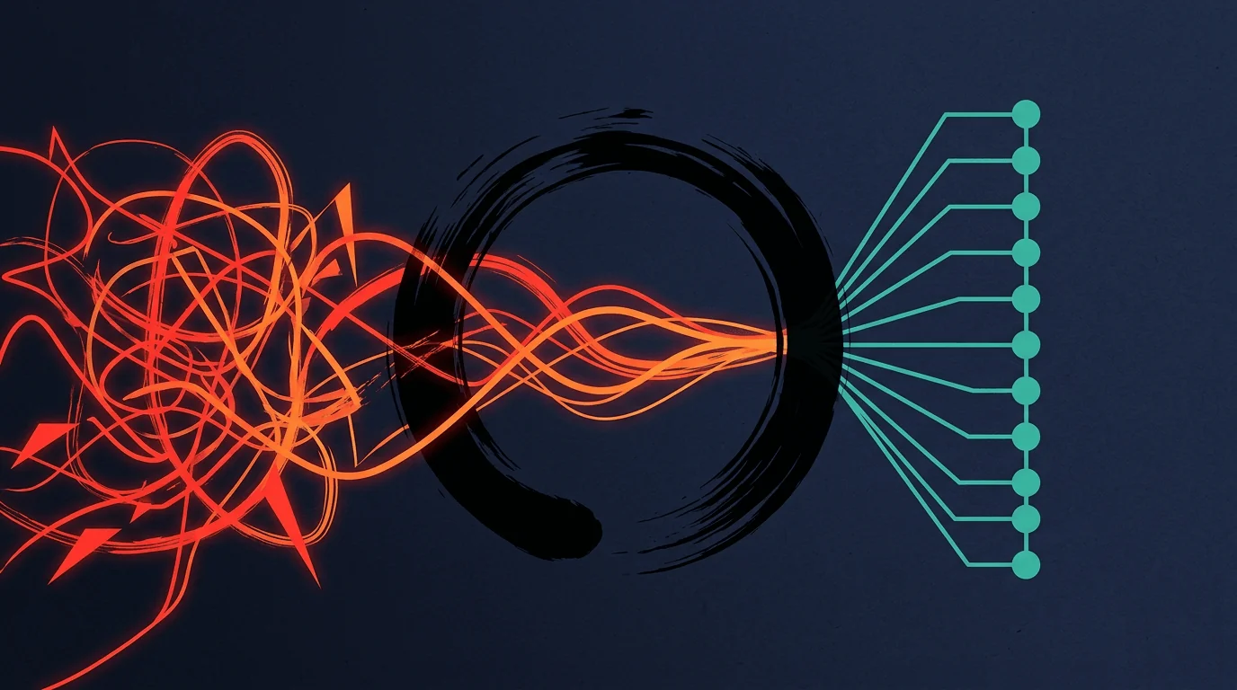 Cover for the Jujutsu article: a tangle of glowing red and orange lines on the left passes through a black brush-stroke circle and comes out on the right as neat, evenly spaced teal lines.
